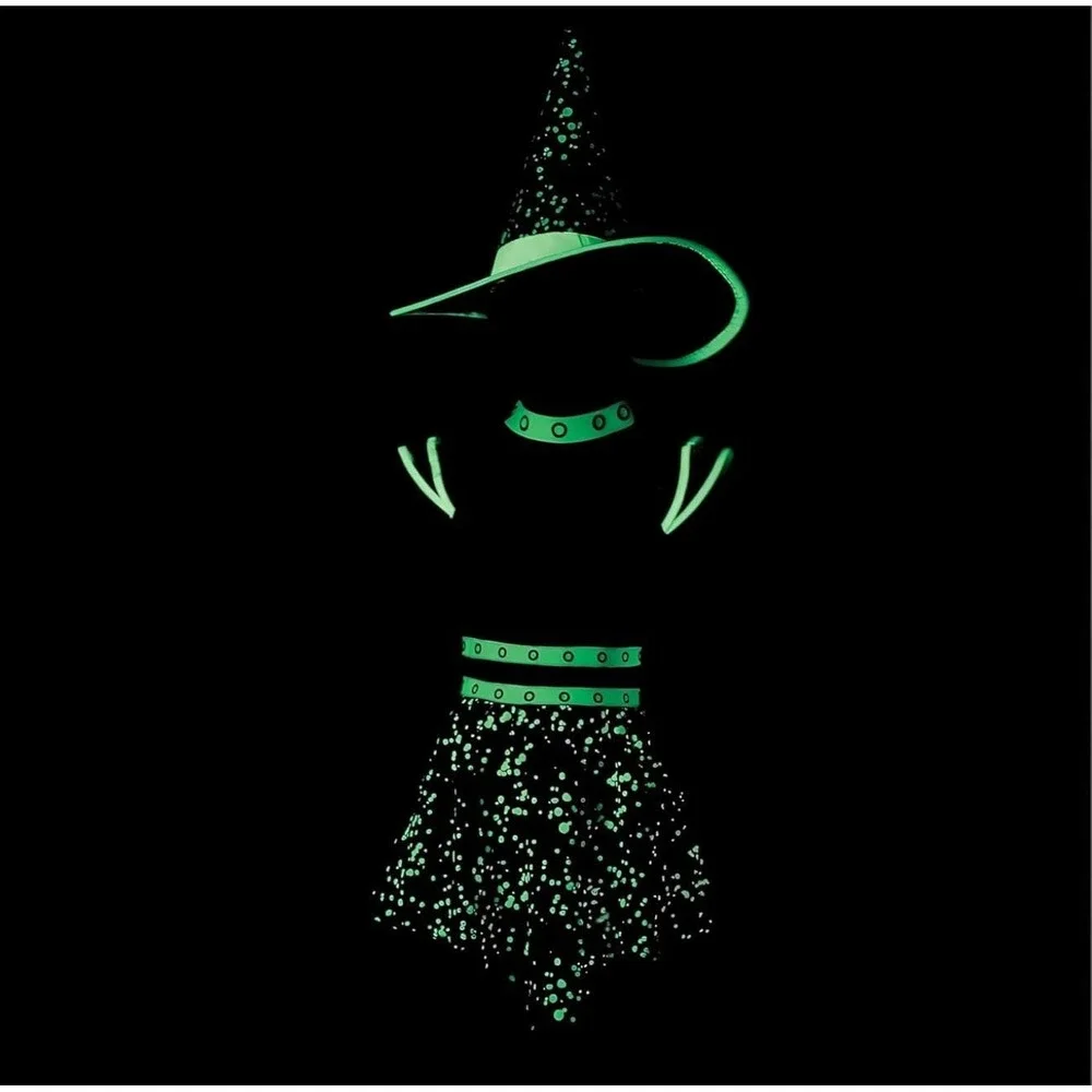 Midnight Mischief Witch Costume Kids L 12–14 Glow in Dark Hat Dress Halloween NW